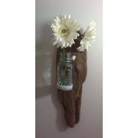 Applique murale en bois flotté vase en verre