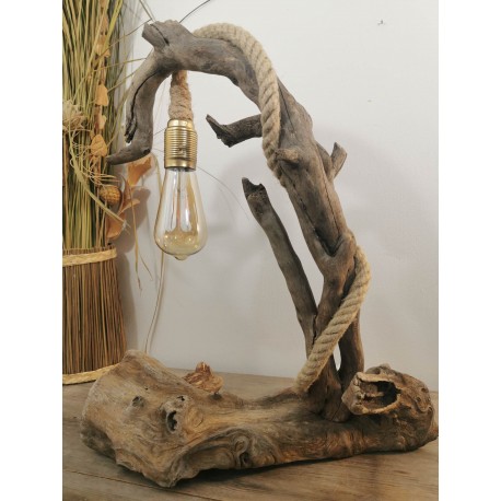 Lampe design esprit nature bois flotté et corde