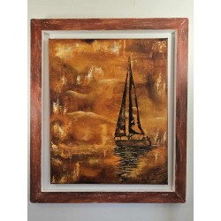 Tableau abstrait orangé avec bateau