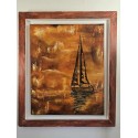 Tableau abstrait orangé avec bateau